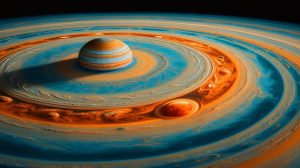 Illustration de Jupiter sans surface solide et son atmosphère hostile. Image réalisée par IA.