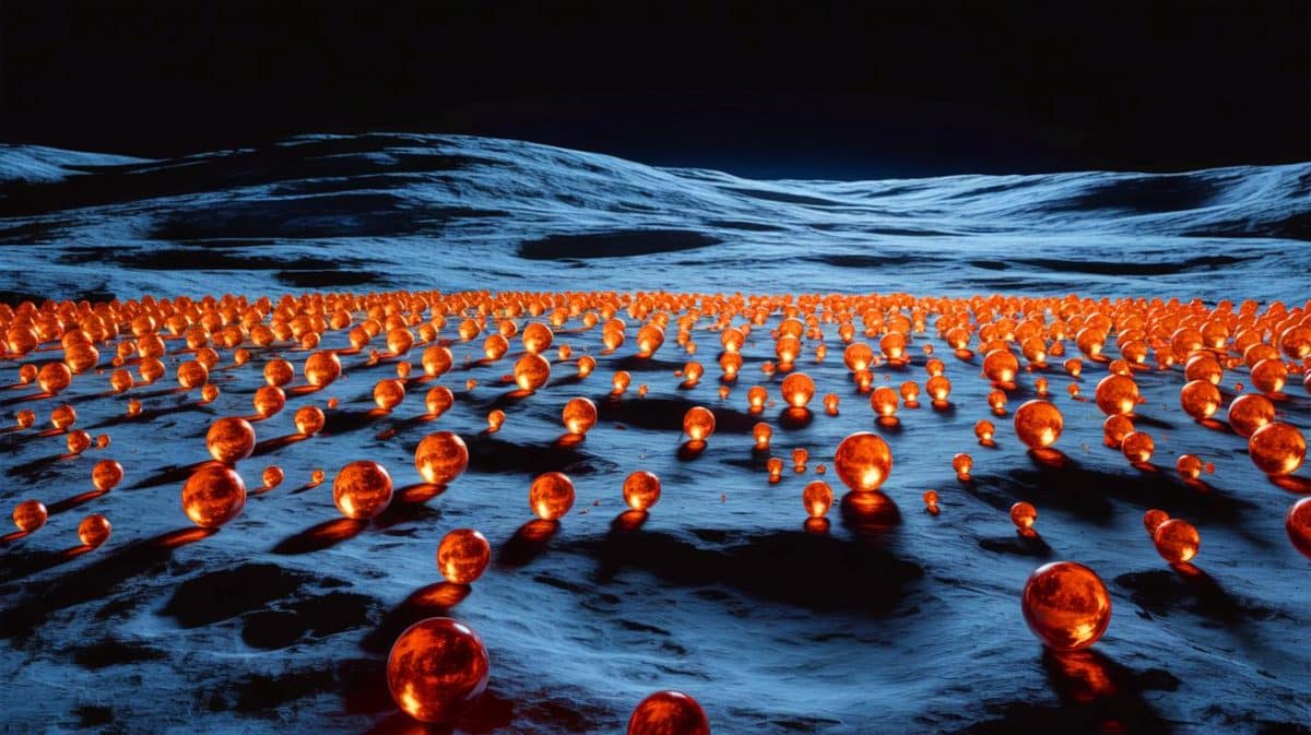 Illustration de mystérieuses perles de verre orange sur la surface lunaire. Image réalisée par IA.