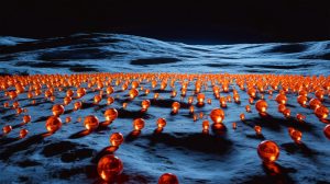 Illustration de mystérieuses perles de verre orange sur la surface lunaire. Image réalisée par IA.