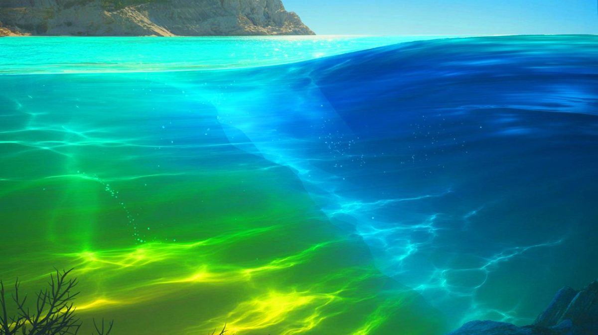 Illustration de la diversité des couleurs marines influencée par la lumière, les sédiments et la vie marine. Image réalisée par IA.
