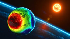 Illustration de la super-Terre Kepler-735c avec ses conditions climatiques extrêmes. Image réalisée par IA.