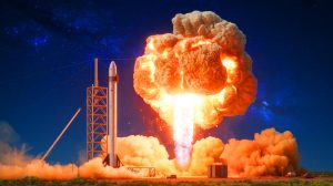 Illustration de l'explosion spectaculaire du prototype Starship de SpaceX lors d'un test au sol. Image réalisée par IA.