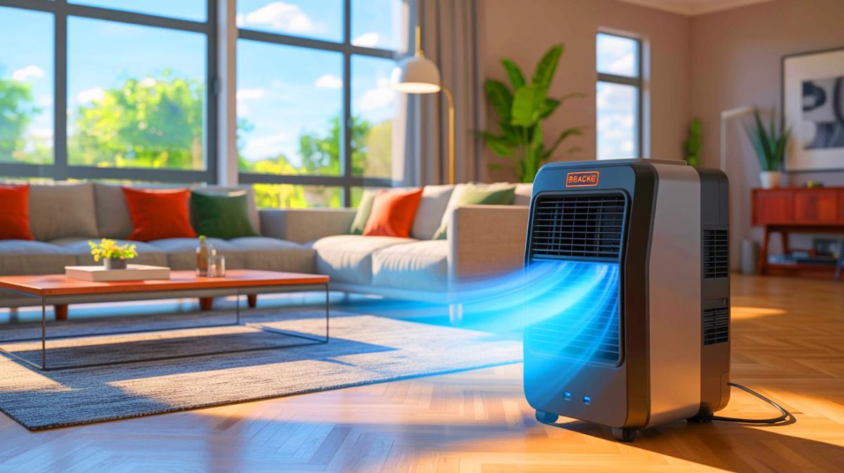 Illustration de la climatisation portable Black+Decker en utilisation dans un intérieur moderne. Image réalisée par IA.