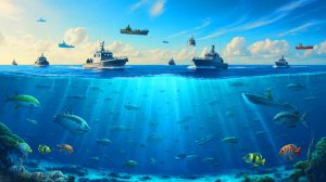 Illustration de la lutte contre la pêche illégale avec des navires interceptés en mer. Image réalisée par IA.