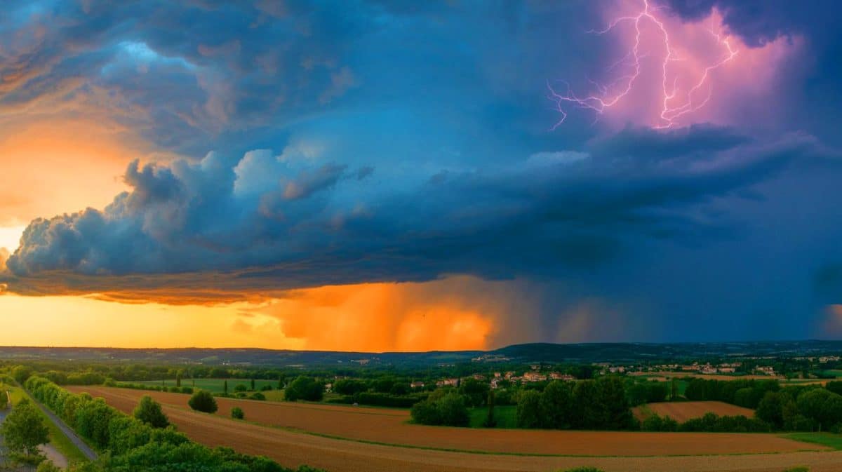 Illustration de la France sous des orages violents et une vague de chaleur. Image réalisée par IA.