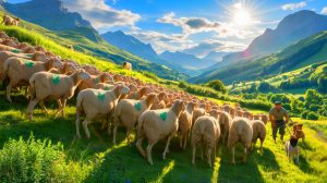 Illustration de la transhumance des brebis vers des pâturages plus sûrs dans les Hautes-Pyrénées. Image réalisée par IA.