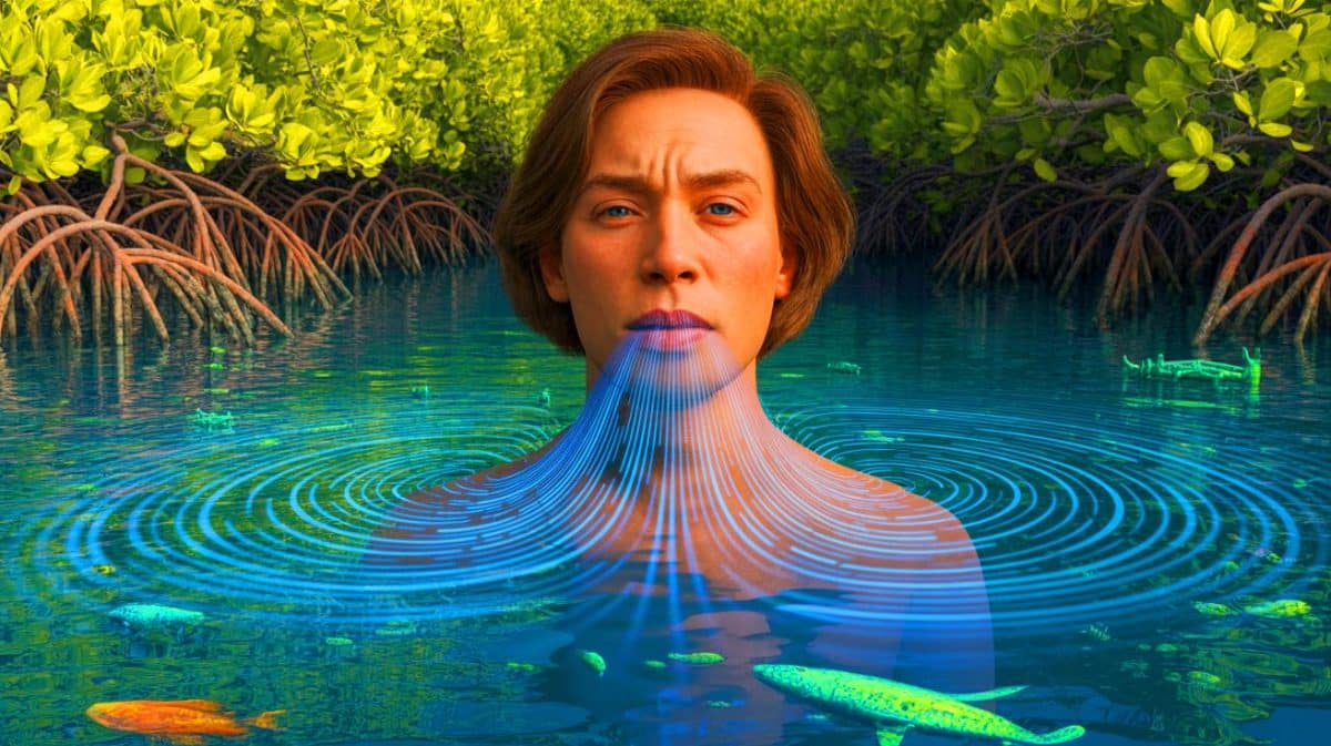 Illustration de la personnalité respiratoire unique et du stockage de CO2 par les mangroves. Image réalisée par IA.