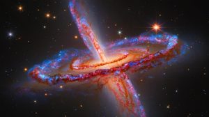 Illustration de NGC 4858, galaxie spirale barrée aux formes intrigantes. Image réalisée par IA.