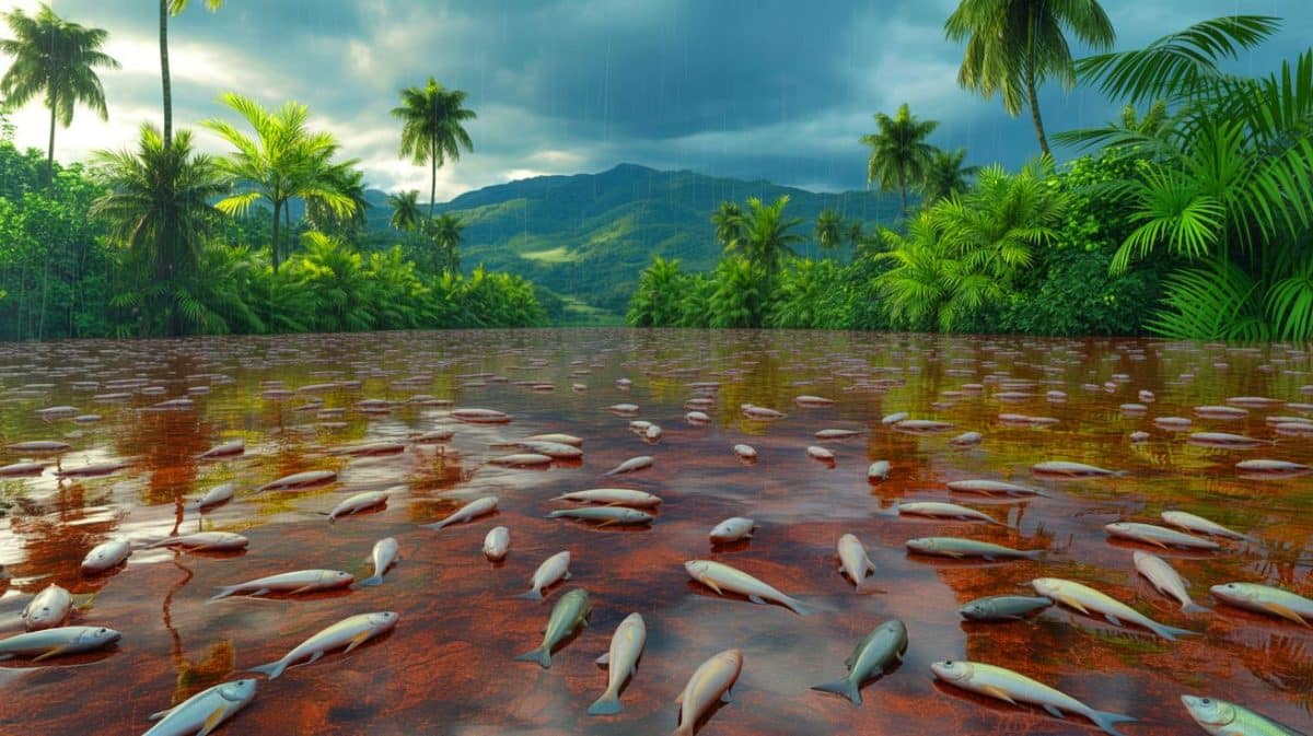 Illustration de la pluie de poissons à Yoro, un phénomène naturel mystérieux au Honduras. Image réalisée par IA.