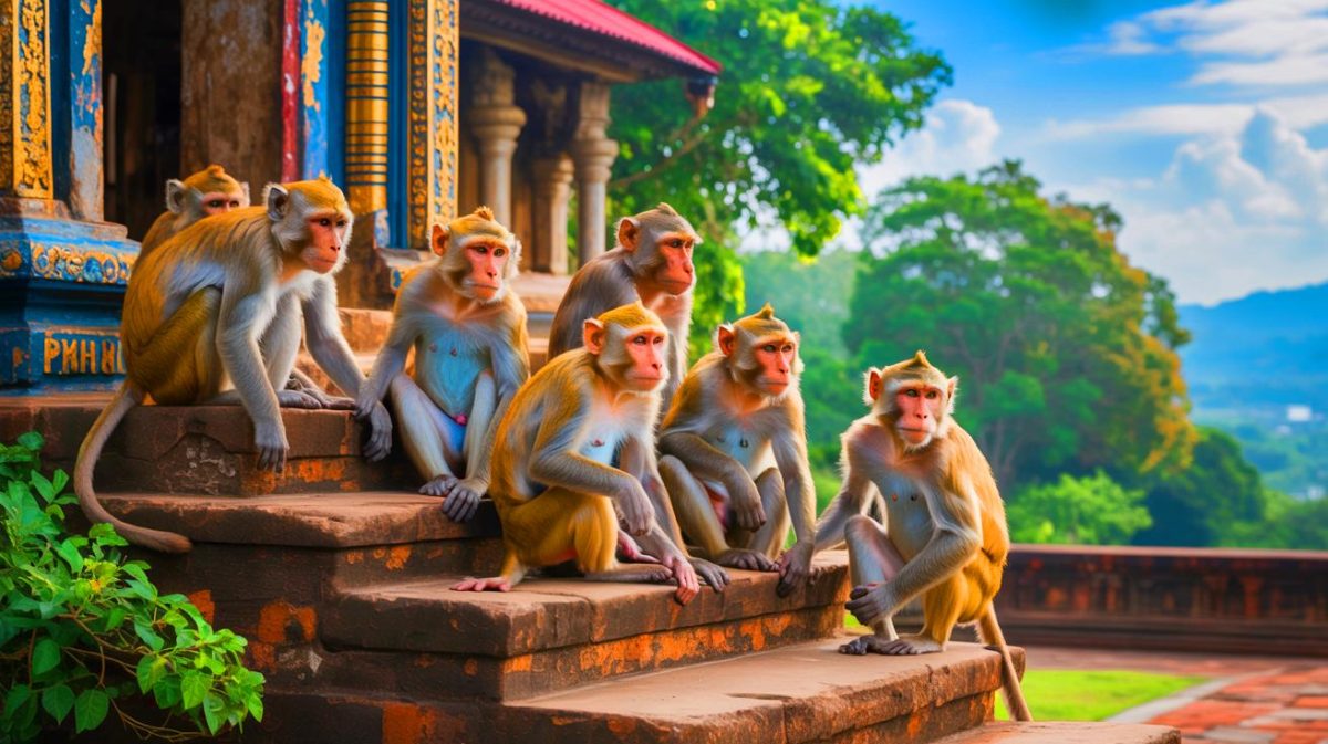 Illustration de singes à l'extérieur du temple de Mihintale au Sri Lanka. Image réalisée par IA.