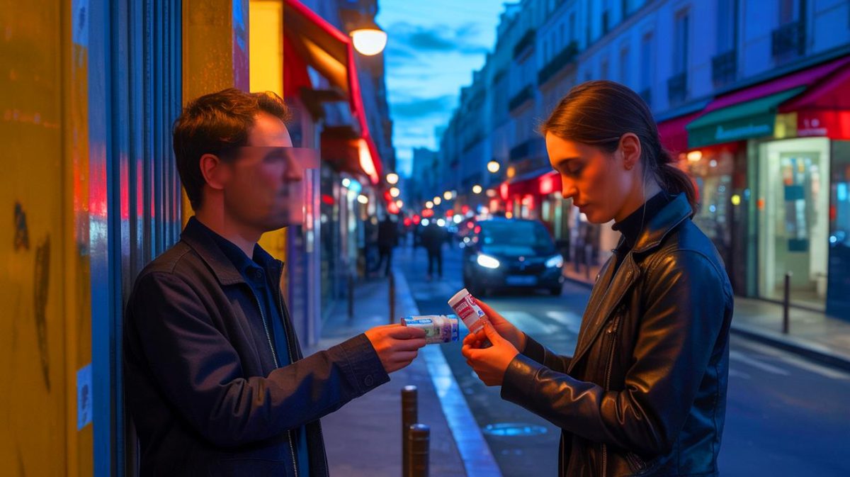 Illustration de la prégabaline, surnommée « drogue du pauvre », mise en avant dans le trafic de rue. Image réalisée par IA.