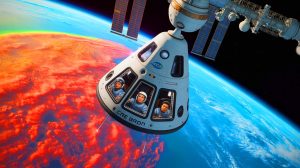 Illustration de la capsule Crew Dragon s'approchant de la Station spatiale internationale avec un équipage international. Image réalisée par IA.