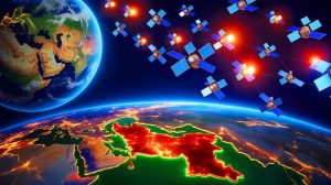 Illustration de l'intervention de la constellation Starlink d'Elon Musk dans le conflit israélo-iranien. Image réalisée par IA.