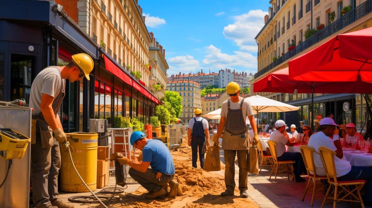 Quand la canicule frappe Lyon : ces ouvriers et restaurateurs en sueur face à une chaleur insoutenable qui bouleverse leur quotidien Illustration de la lutte des ouvriers et restaurateurs lyonnais contre la canicule. Image réalisée par IA.