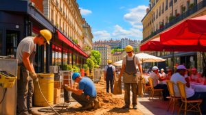 Illustration de la lutte des ouvriers et restaurateurs lyonnais contre la canicule. Image réalisée par IA.