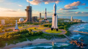 Illustration de Starbase, la ville futuriste d'Elon Musk dédiée à l'exploration spatiale au Texas. Image réalisée par IA.