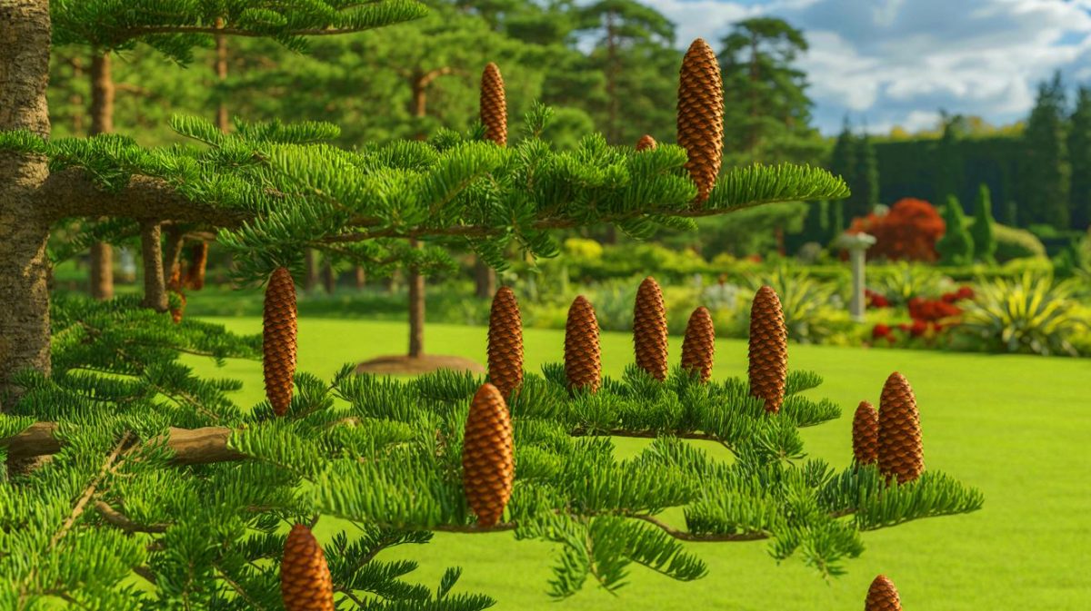 Illustration de la fructification du Wollemia nobilis dans le jardin botanique du Morbihan. Image réalisée par IA.