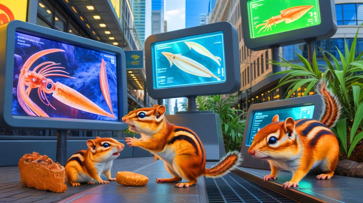 Illustration de l'évolution rapide des chipmunks et de la découverte de fossiles de calmars. Image réalisée par IA.