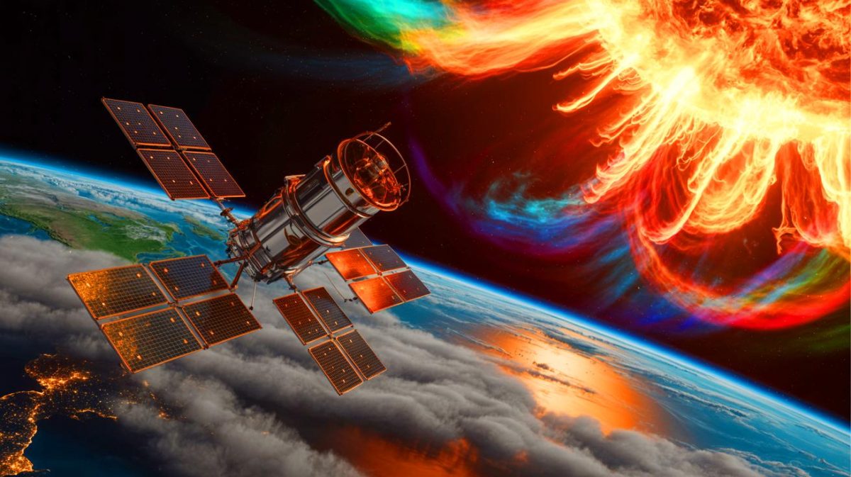 Illustration de l'impact des tempêtes solaires sur les satellites Starlink en orbite. Image réalisée par IA.
