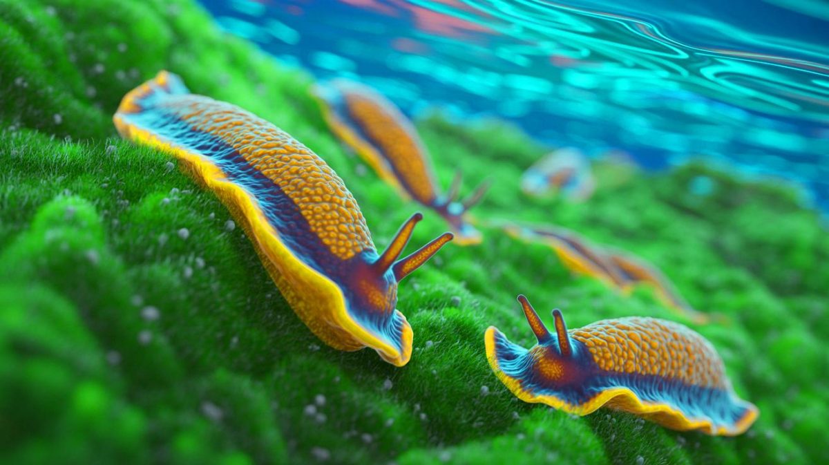 Illustration de limaces de mer sacoglosses absorbant les chloroplastes des algues. Image réalisée par IA.