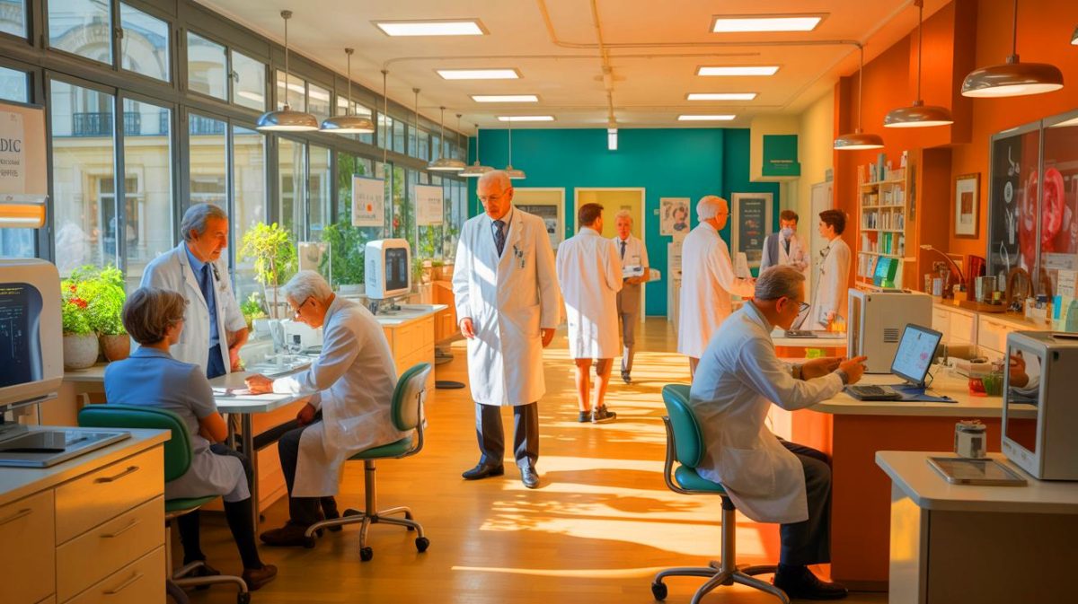 Illustration de médecins retraités reprenant du service dans un centre médical parisien. Image réalisée par IA.