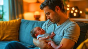 Illustration de l'impact de la dépression post-partum des pères sur le développement des enfants. Image réalisée par IA.