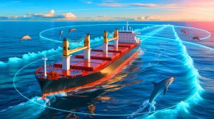 Illustration de la protection des océans et de la décarbonation du transport maritime grâce à l'intelligence artificielle. Image réalisée par IA.