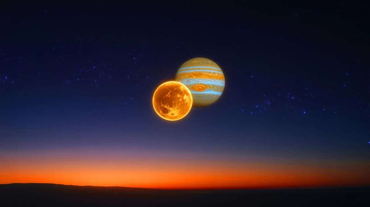 Illustration de la rencontre céleste entre Vénus et Jupiter en août 2025. Image réalisée par IA.