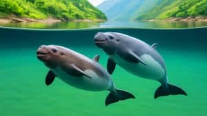 Illustration de deux marsouins aptères du Yangtsé retrouvant leur habitat naturel en Chine. Image réalisée par IA.