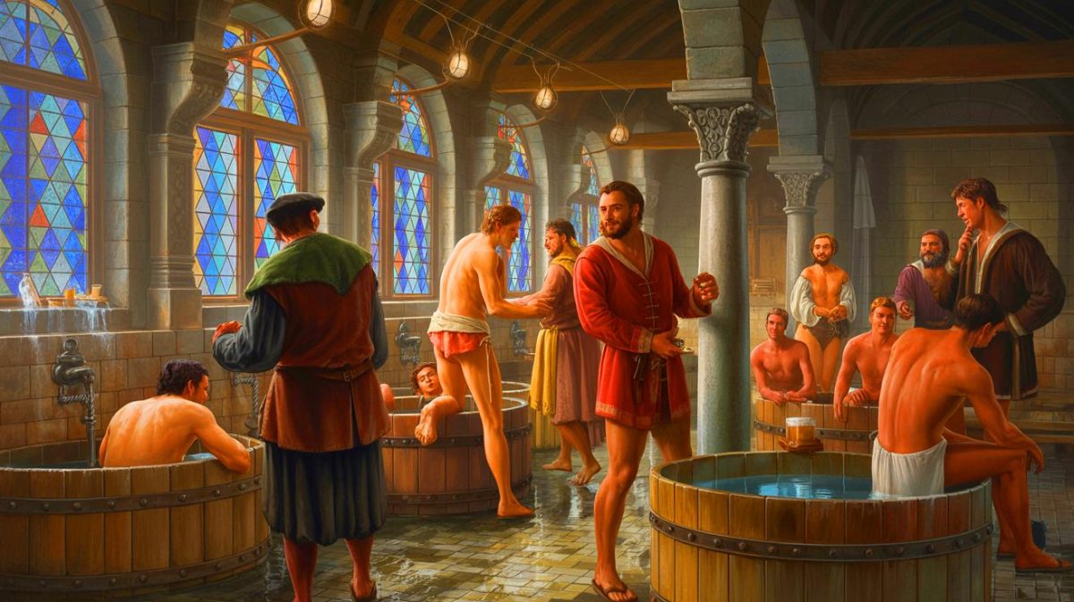 Illustration de la fréquentation des bains publics au Moyen Âge. Image réalisée par IA.