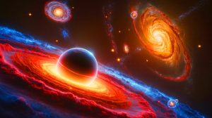 Illustration de trous noirs primordiaux dans l'Univers primordial. Image réalisée par IA.