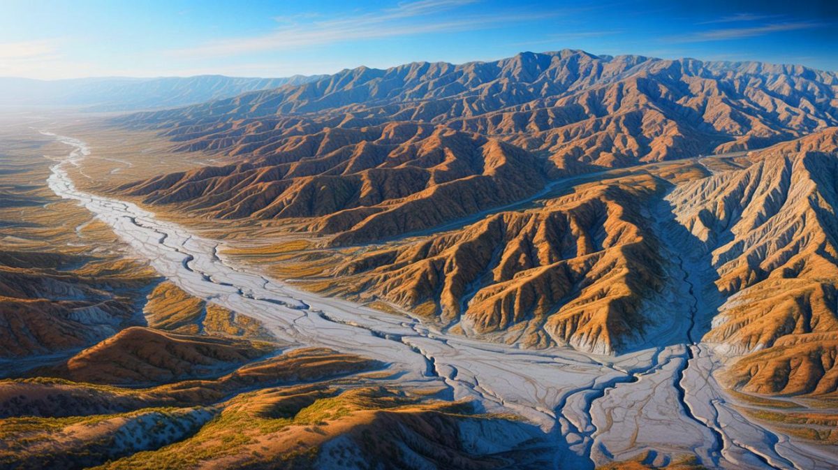 Illustration de la faille de San Andreas traversant la Californie et son potentiel sismique. Image réalisée par IA.