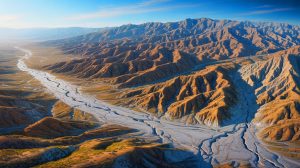 Illustration de la faille de San Andreas traversant la Californie et son potentiel sismique. Image réalisée par IA.