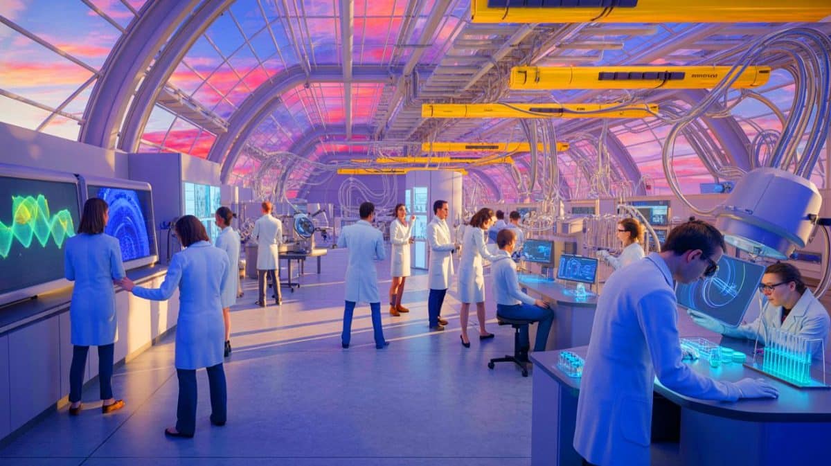 Illustration de la plateforme de recherche HIPE à Marseille et ses scientifiques en action. Image réalisée par IA.