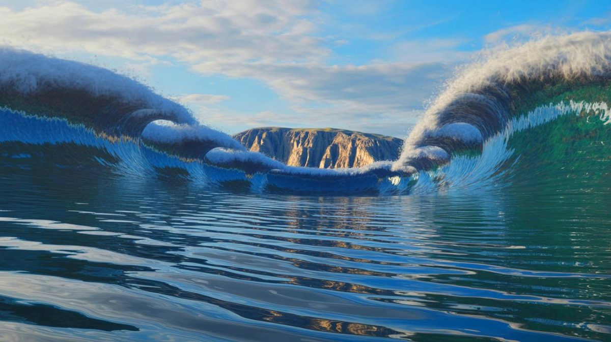 Illustration de vagues de tsunami piégées dans un fjord au Groenland. Image réalisée par IA.