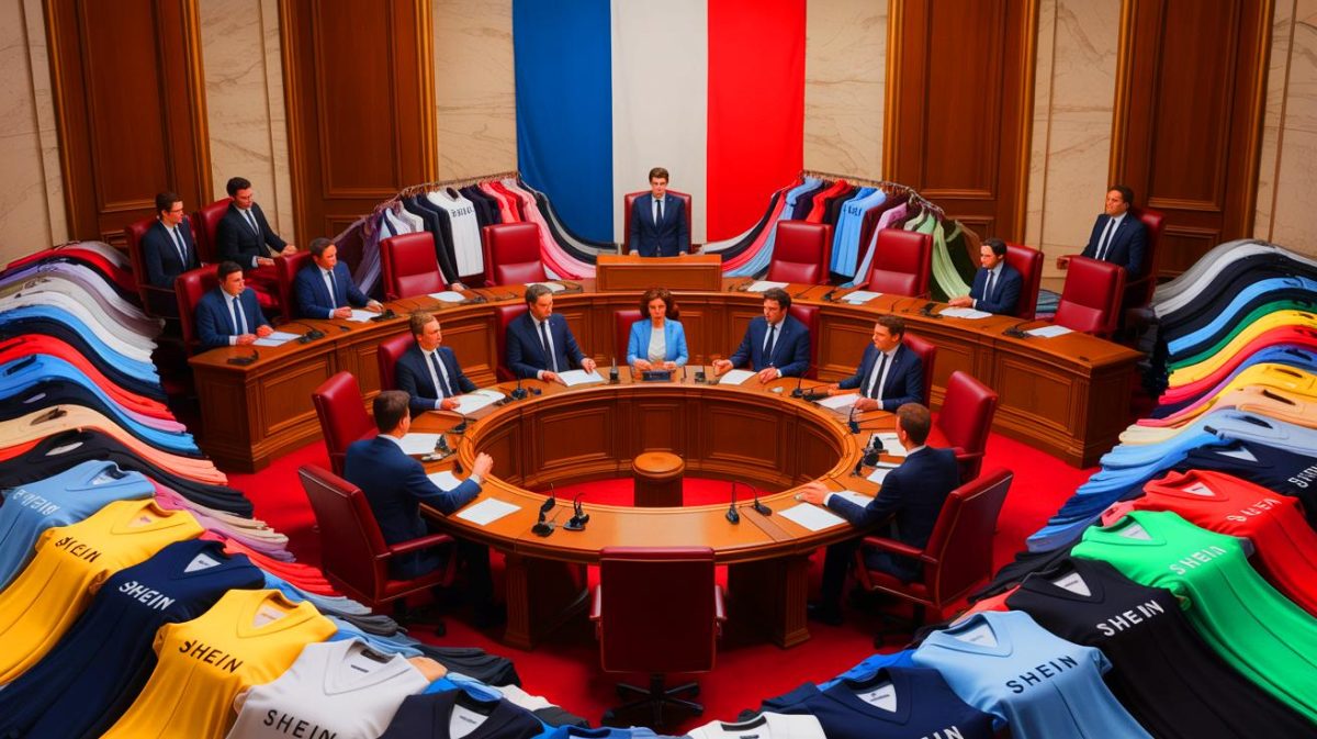 Illustration de la lutte législative contre la fast fashion ciblant spécifiquement Shein. Image réalisée par IA.