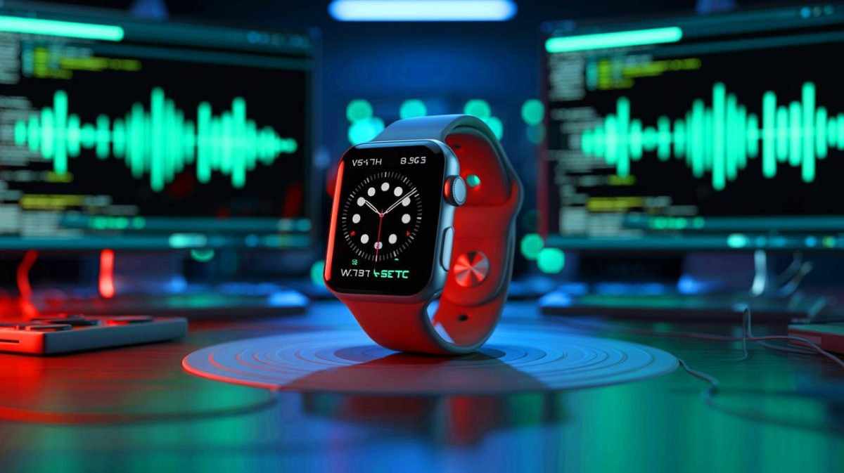 Illustration de la technique de piratage SmartAttack utilisant des ultrasons et une montre connectée. Image réalisée par IA.