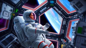 Illustration de Sophie Adenot en mission spatiale vers l'ISS pour la mission « εpsilon ». Image réalisée par IA.