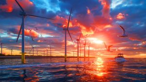 Illustration de Marc Ferracci au parc éolien de Yeu-Noirmoutier réaffirmant son soutien aux énergies renouvelables. Image réalisée par IA.