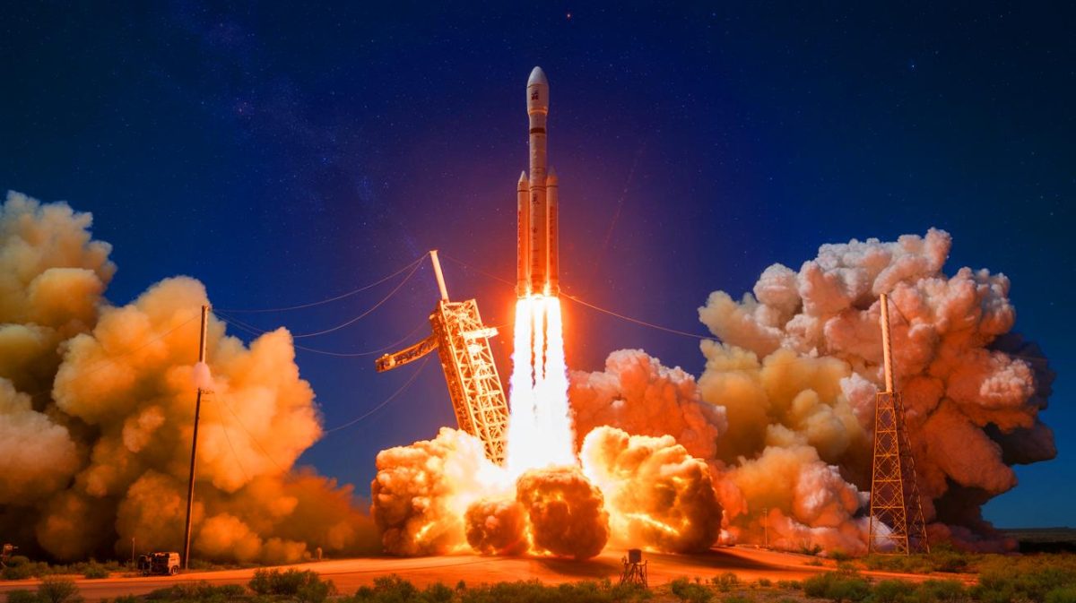 Illustration de l'explosion spectaculaire d'un prototype de fusée Starship sur son pas de tir au Texas. Image réalisée par IA.