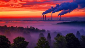 Illustration de la concentration record de CO₂ dans l'atmosphère et ses conséquences sur le climat mondial. Image réalisée par IA.