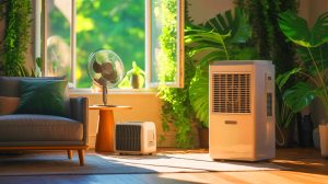 Illustration de choix entre climatiseur, ventilateur et rafraîchisseur d'air pour un été confortable. Image réalisée par IA.