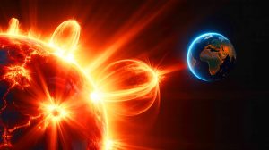 Illustration de l'impact d'une éruption solaire de classe X sur les communications terrestres. Image réalisée par IA.