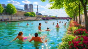 Illustration de la baignade dans la Seine, transformée en un lieu de loisirs grâce à des efforts de dépollution. Image réalisée par IA.
