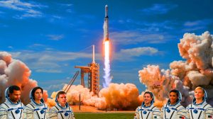 Illustration de la mission Axiom 4 avec des astronautes de l'Inde, de la Hongrie et de la Pologne en route vers l'ISS. Image réalisée par IA.