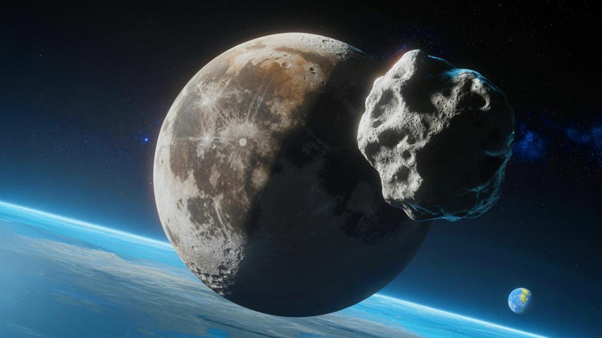 Illustration de l'astéroïde 2024 YR4 et de sa trajectoire potentielle vers la Lune. Image réalisée par IA.