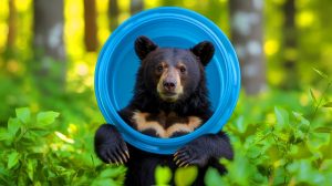 Illustration de la libération d'un ours noir avec un couvercle en plastique autour du cou dans le Michigan. Image réalisée par IA.