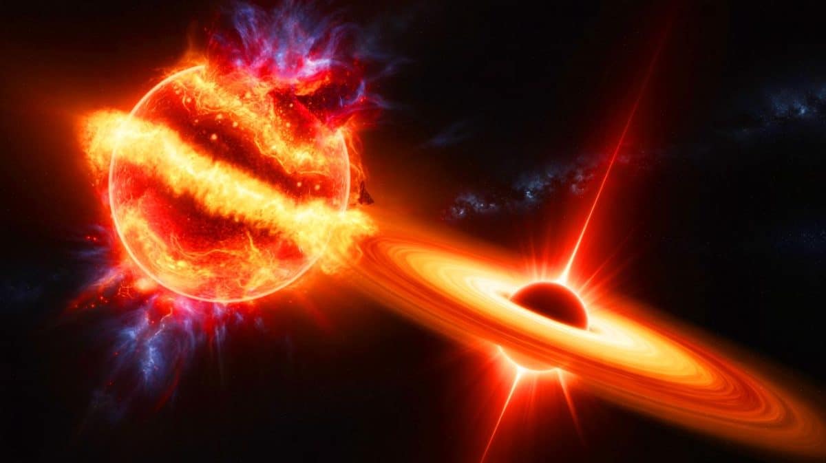 Illustration de l'explosion cosmique causée par la destruction d'une étoile géante par un trou noir supermassif. Image réalisée par IA.