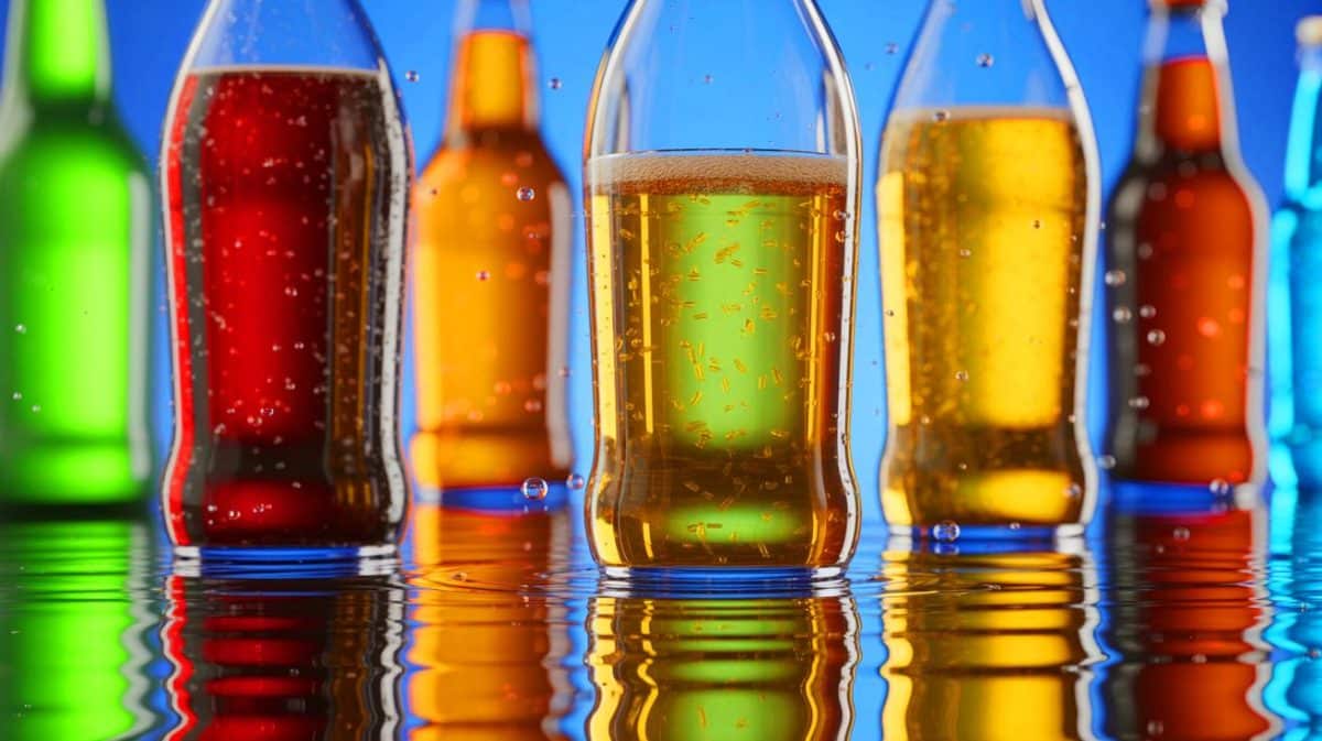 Illustration de la contamination par microplastiques dans les boissons en bouteilles de verre. Image réalisée par IA.