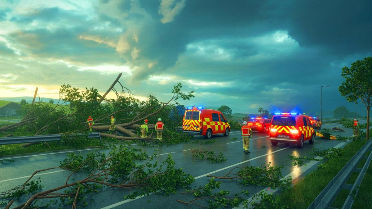 Illustration de violents orages causant des dégâts en France. Image réalisée par IA.
